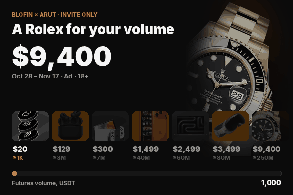 Animation: a volume meter climbs and prizes light up one by one, the last one a $9,400 Rolex
